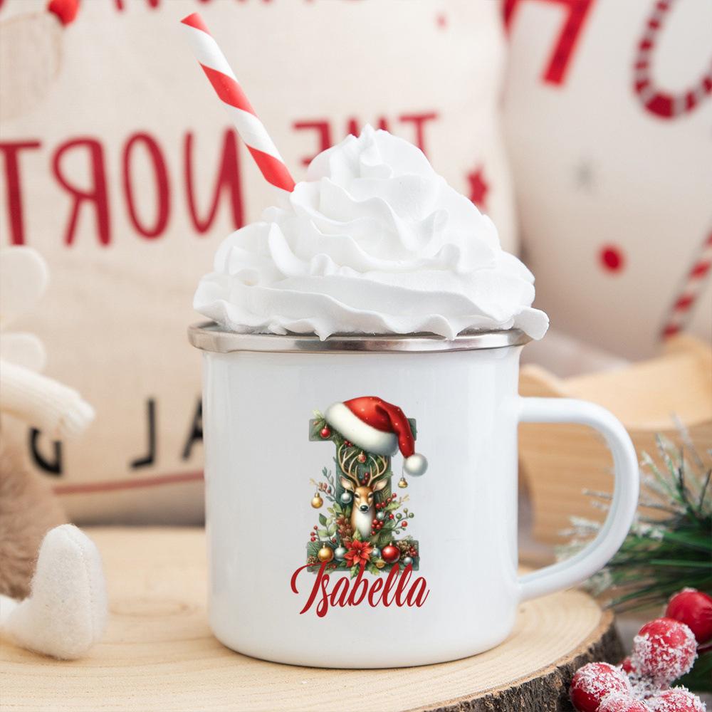 Personalisierte Tasse mit individuellem Namen 26 Buchstaben Emaille Weihnachtsbecher, Geschenk für sie, Weihnachts-Kaffeetasse, Frohe Weihnachten Geschenk