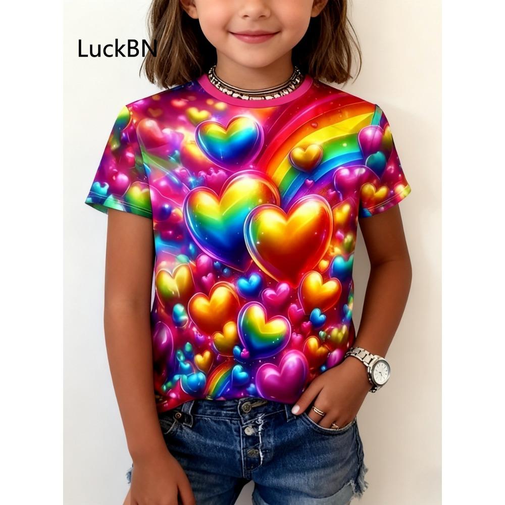 Kinder 3D-Druck Wassertropfen Regenbogenfarben T-Shirts Mädchen Herz Steine Mode Weiche Bequeme T-Shirts Kinder Top