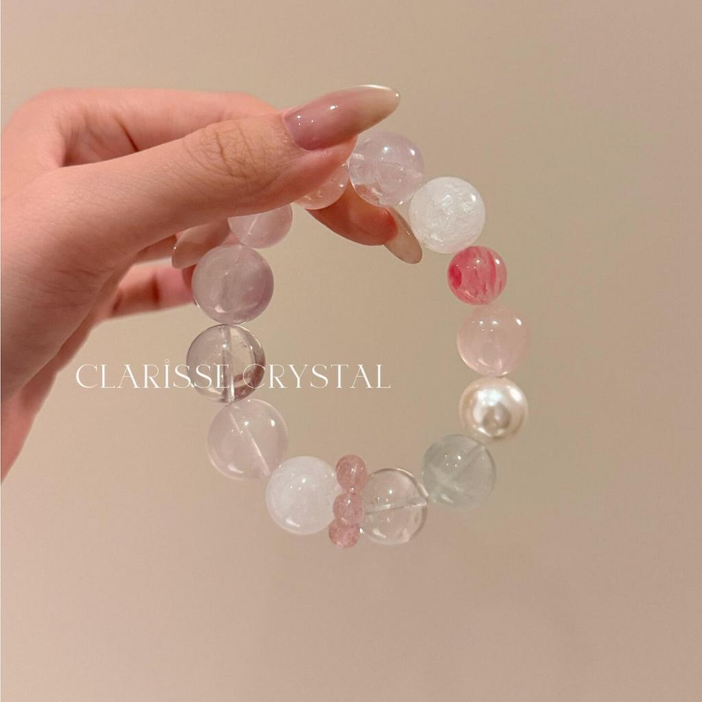 Natural Powder Crystal Rose Pyroxene Bracelet, White Crystal Snowflake Ghost Original Bead Bracelet, Peach Blossom Crystal Charm
