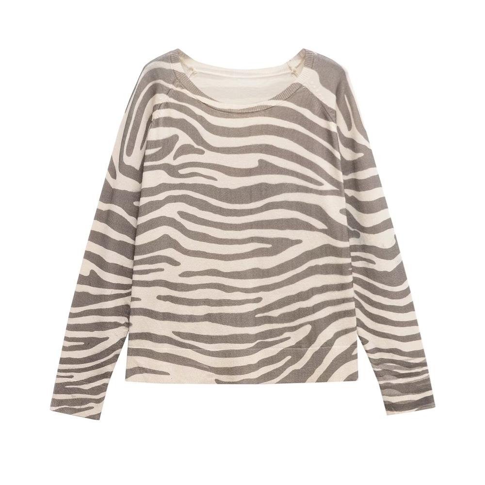 

2025 Spring/Summer Women s Loose Animal Print Crew Neck Long Sleeve Knitwear S грязно-белый