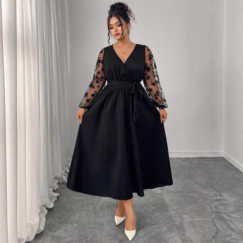 High Waist Plus Size V Neck Lace Long Sleeve Lace Up Women Bodycon Midi Dress