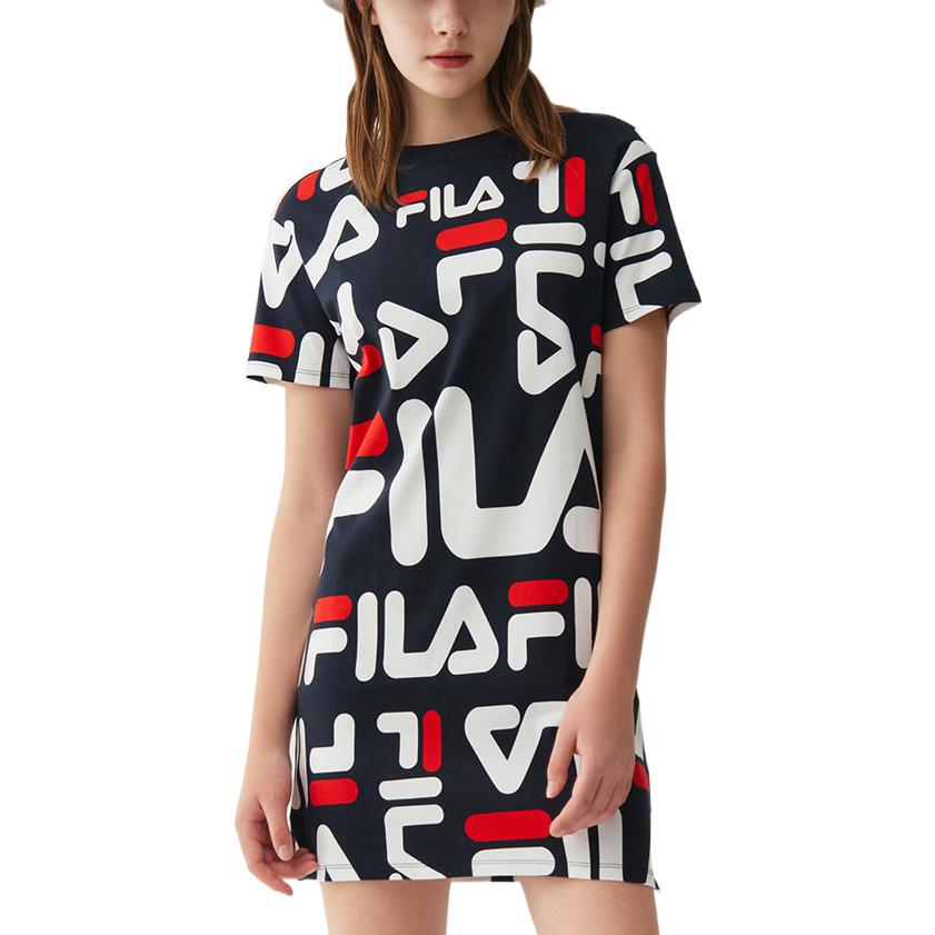 Fila Logo Print Round Neck Casual Short Sleeve Dress Women Dresses Navy-Blue F51W228199FNV