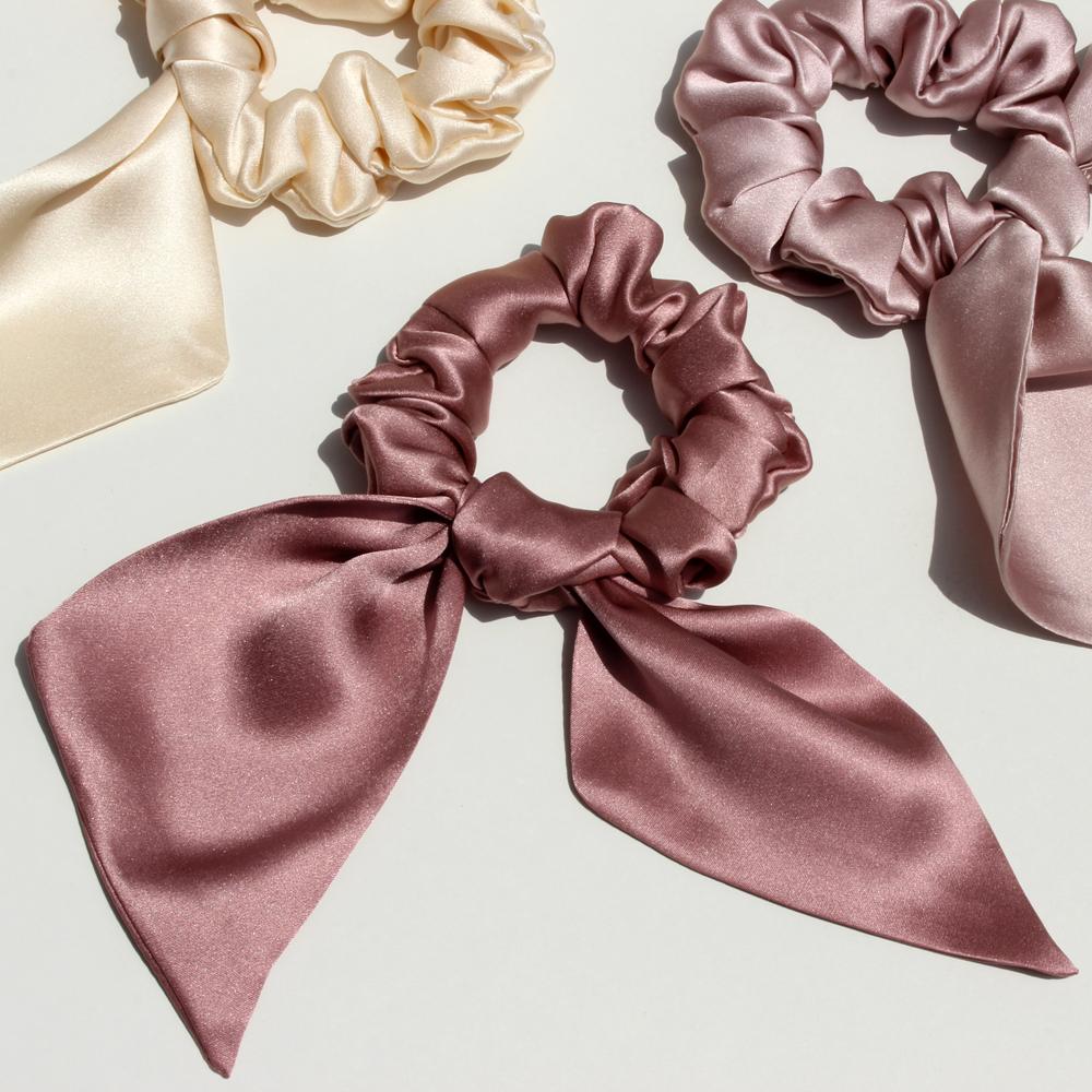 100% Pure Silk Bunny Ear Scrunchies Bow Bowknot Knotted Scrunchy Hair Bands Elastic Ties Ponytail Holder for Women,Girls 1 Piece