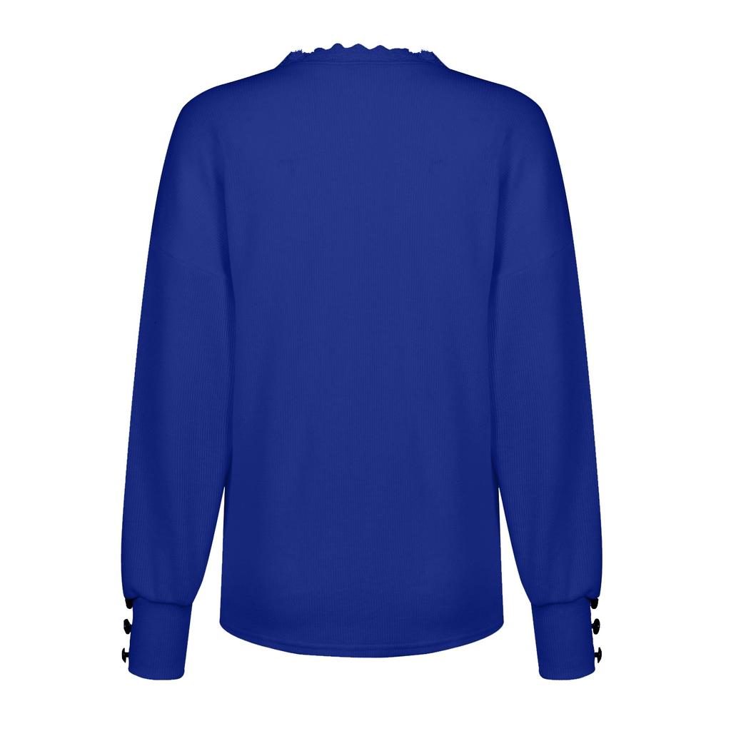 Women's Fashion Lace V Neck Pullover Sweater Loose Fit Long Sleeve Solid Color Lightweight Knitwear