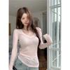 Gyaru Sexy Thin Slightly Transparent V-neck Knit T-shirt Women Summer Pure Desire Long Sleeve Sun Protection Cover Up Slim