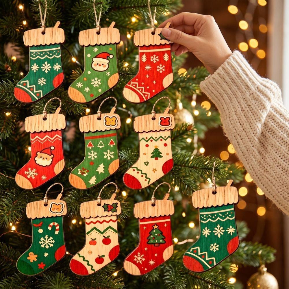9 pcs 2D Flat Christmas Tree Ornament Sock Shape Hanging Decoration Cartoon Xmas Pendant Winter