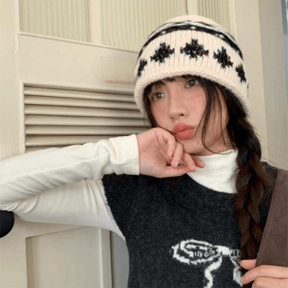 Knitted Retro Beanie Hat Warm Winter Cold Hat Vintage Style Jacquard Knitted Hat  Winter