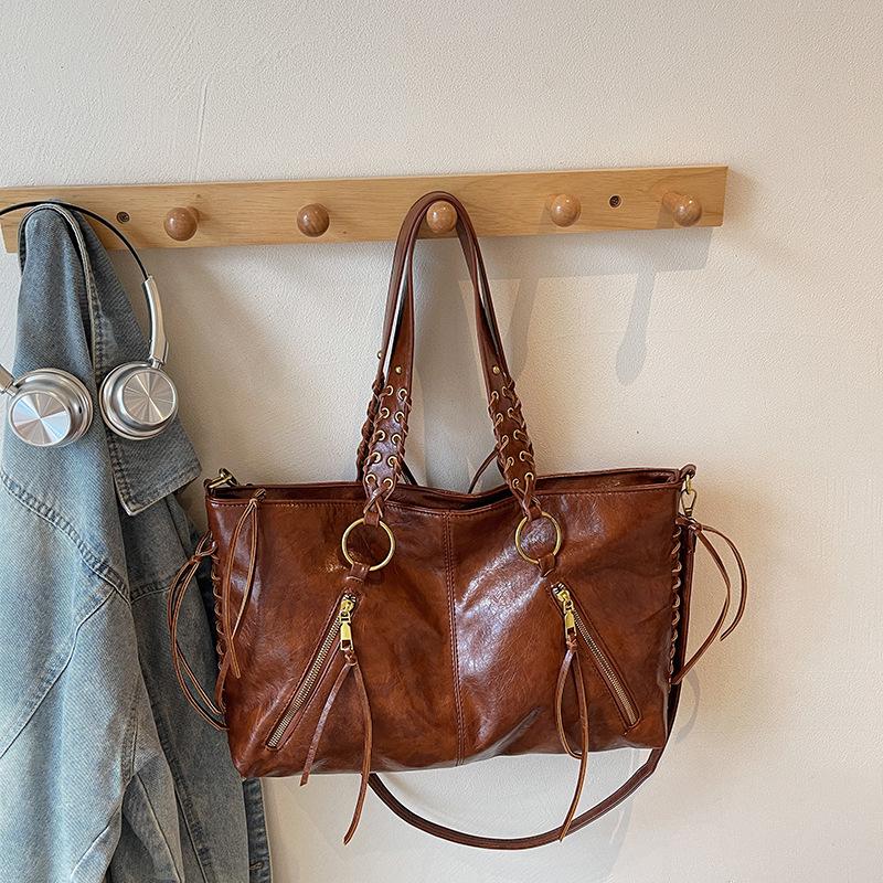 Damen Retro Schulter-Tote mit großem Fassungsvermögen - Europäischer & Amerikanischer Stil Vielseitige Handtasche mit Kordelzug