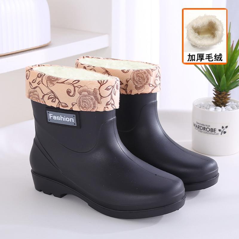 Fashion velvet rain boots rain shoes women's winter short waterproof shoes kitchen non-slip quick-drying car wash rubber shoes