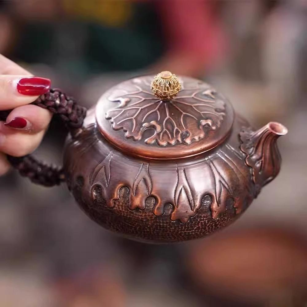 Vintage Red Copper Teapot, Home Brewing Tea Pot, Handmade Mini Lotus Leaf Copper Pot, Traditional Handicrafts Tea Kettle, 300ml