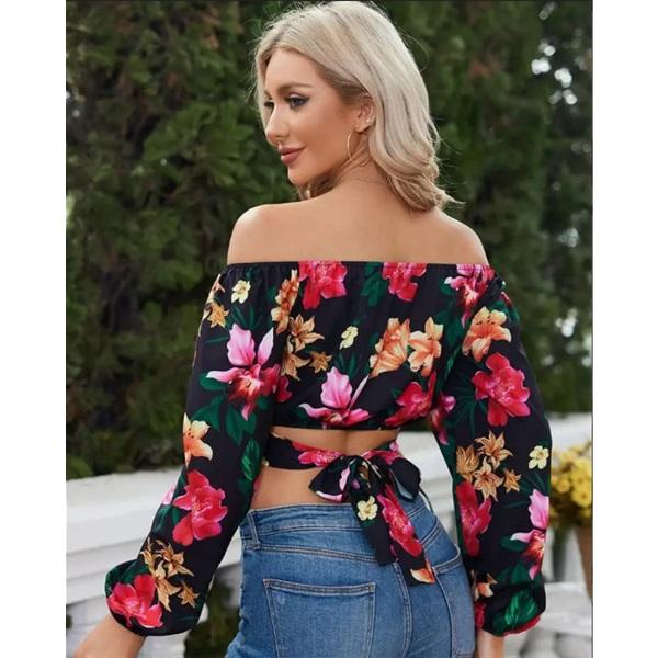 Women's long sleeves off-shoulder one-length neck lantern sleeve printed shirt