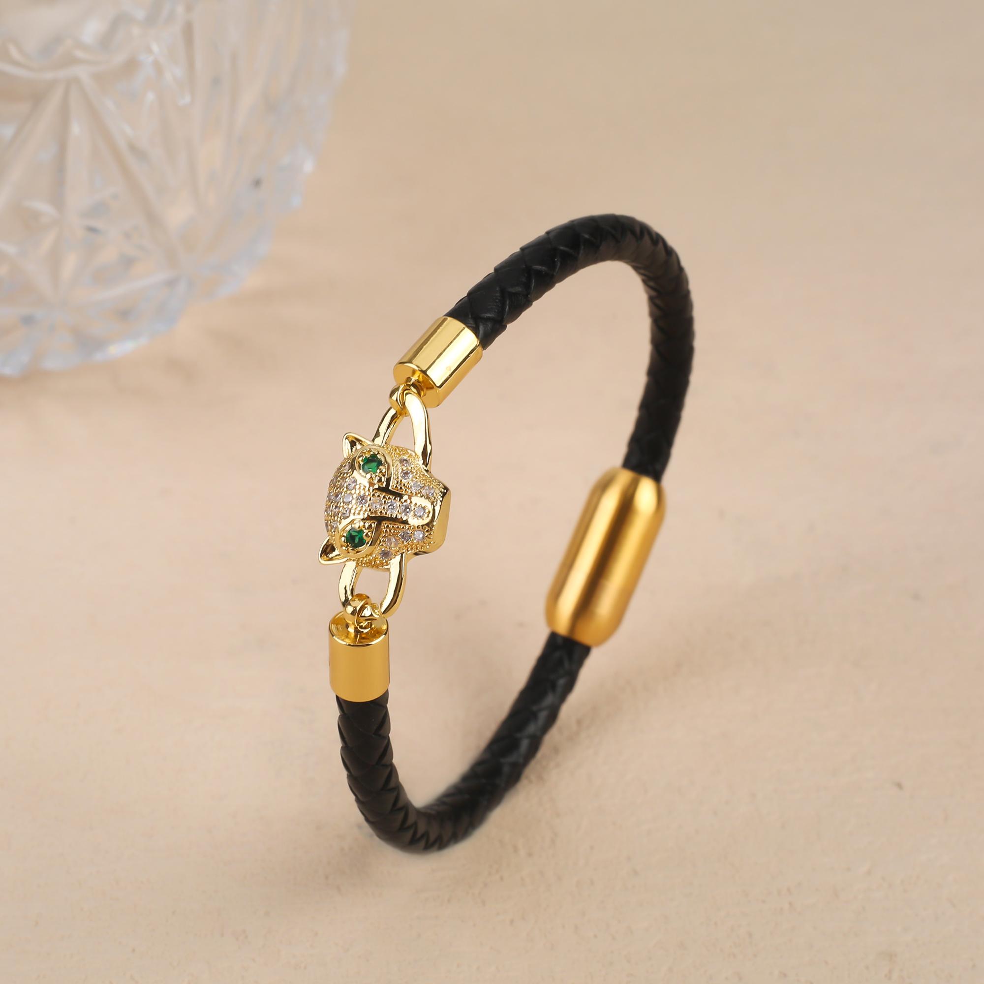 

Bully Animal Style Leopard Head Braided Leather Rope Bracelet Fashion for Man Woman Stainless Steel Zirconia Jewelry Daily Wear 25cm