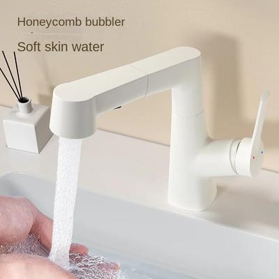 White Lifting Rotary Wash Basin Faucet Bathroom Hot and Cold Washbasin Basin Pull-out Multi-function