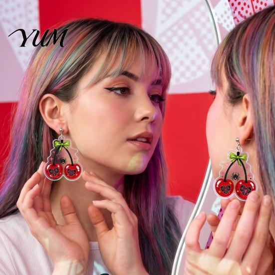Creative Spider Jewelry 1 Pair Acrylic Cherry Earrings for Women, 2D Fruit Dangle Drop Trendy Aesthetic Accessories with Web And Bow, Punk Halloween
