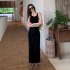 Salt sweet wind summer solid color off-the-shoulder sleeveless U-neck vest skirt long dress women's slim straight dress
