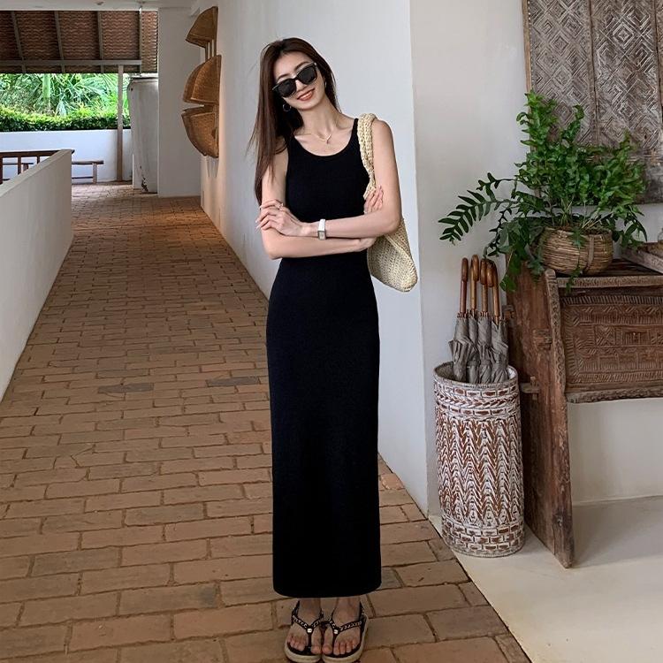 Salt sweet wind summer solid color off-the-shoulder sleeveless U-neck vest skirt long dress women's slim straight dress