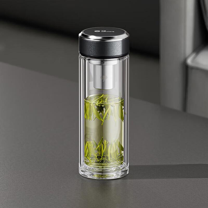 WANXIANG Double-Layer Glass Tea Cup with Leather Lid & Infuser