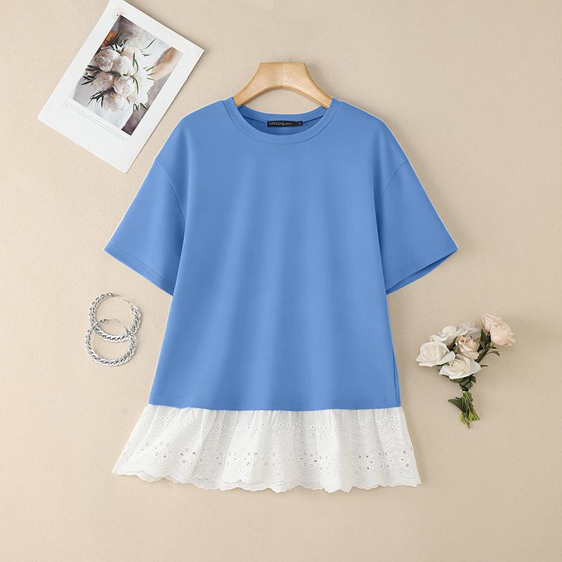 

ZANZEA Женская повседневная летняя блузка в стиле пэчворк с круглым вырезом и коротким рукавом 5XL синий