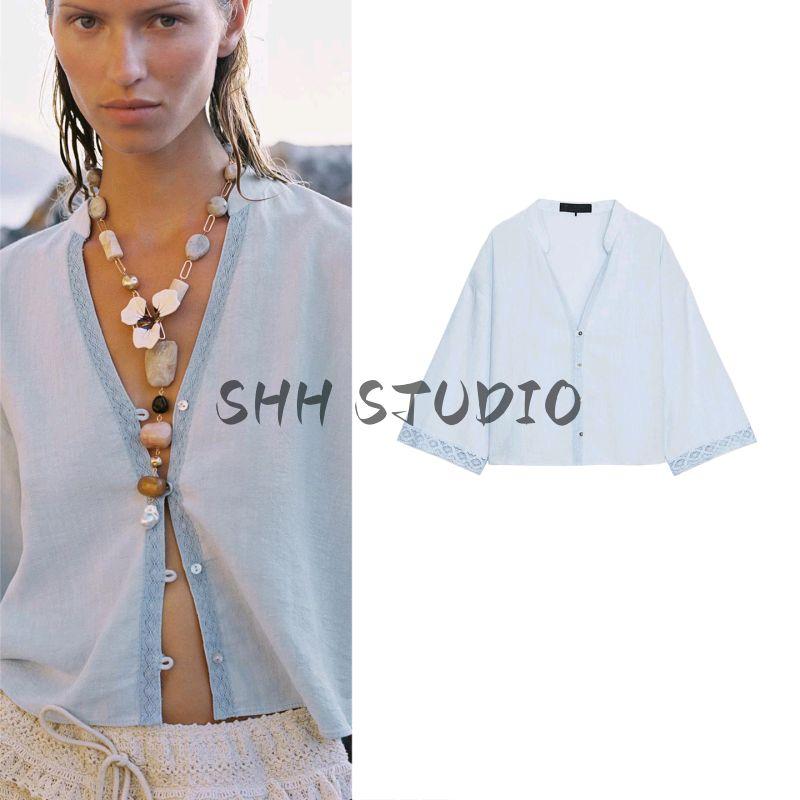 Summer New Women Clothes French Style Single Row Multi-Button Round Neck Wide Sleeve Patchwork Lace Short Shirts 8086730
