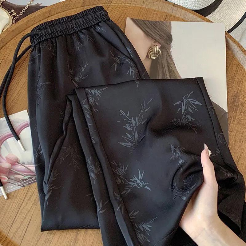 Chinese-Style Silk-Like Summer Wide-Leg Pants for Women