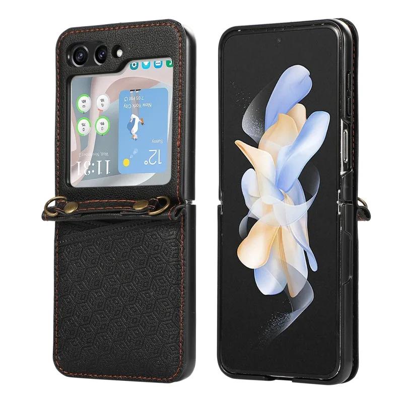 PU Leather Crossbody with Card Holder Phone Case for Samsung Galaxy Z Flip 6 5 4 3 Flip6 Flip5 Flip4 Flip3 5G Protective Cover