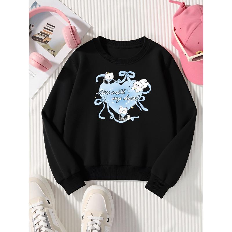 Live with My Heart Cats Ribbon Heart Unisex Crew Neck Fashion Sweatshirt, Autumn and Winter Western Style Top, Children's Long Sleeved T-shirt