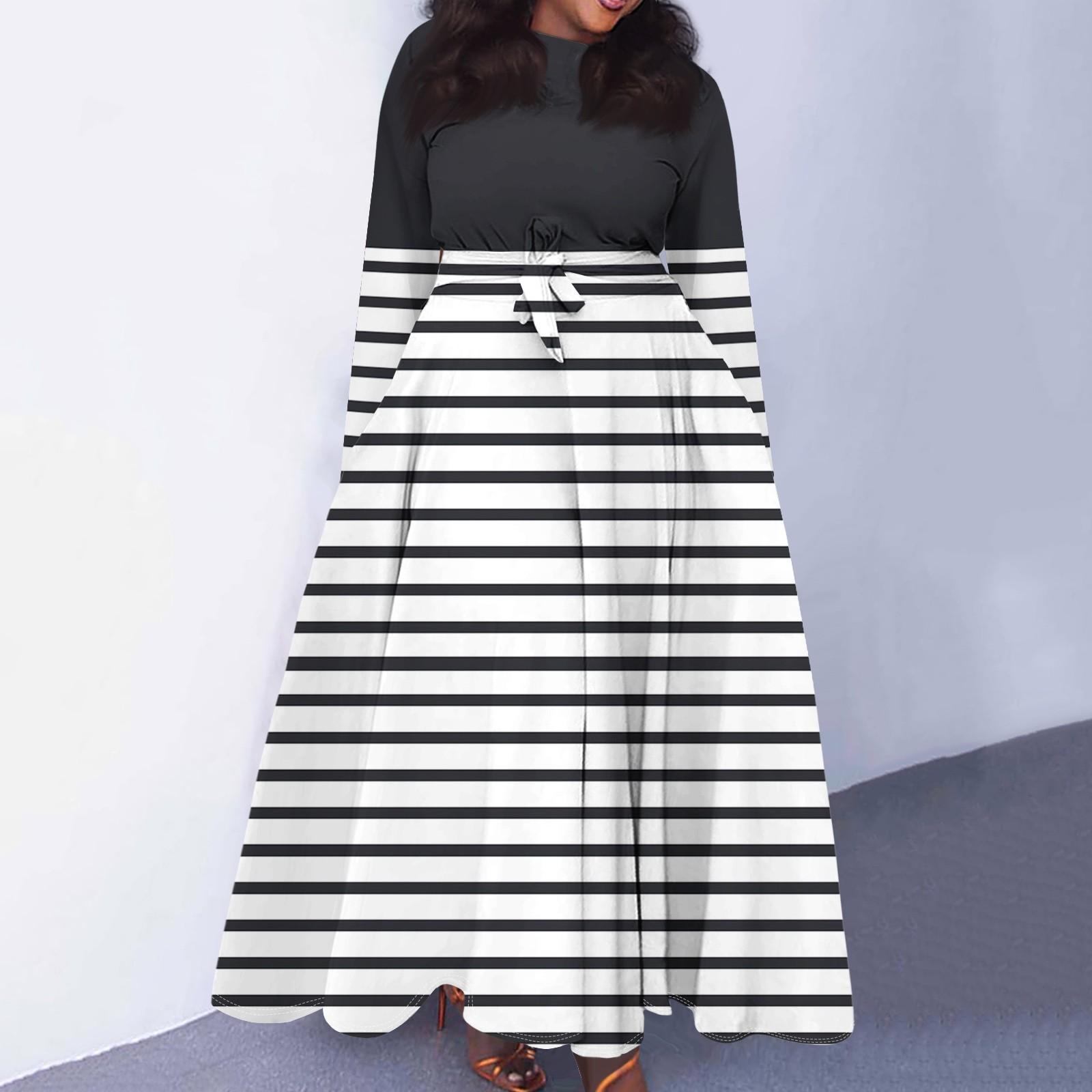 

Women s Casual Fashion Stripe Large Size Round Neck Long Sleeve Pocket Straps Swing Dress Casual And Comfortable XXXXXL чёрный