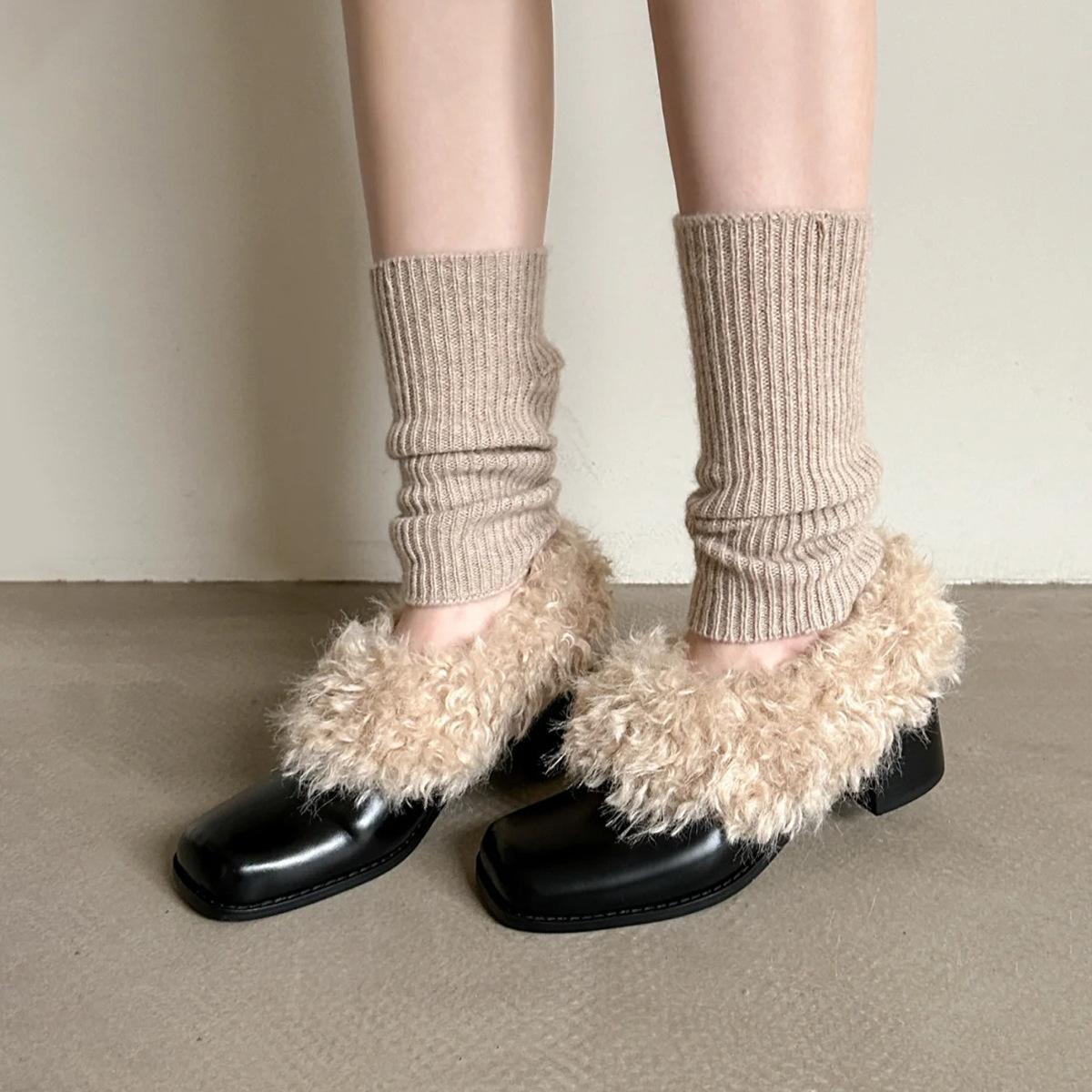 

Cowhide version high-heeled fluffy shoes women s velvet warm square head single shoes one pedal loafers thick heel small leather shoes cotton shoes 40