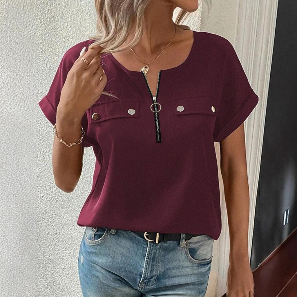 Γυναικεία Καλοκαιρινά Τοπ Μπλούζες με Λαιμόκοψη V Επίσημο Καθημερινό Τοπ με Φερμουάρ Άνετη Εφαρμογή