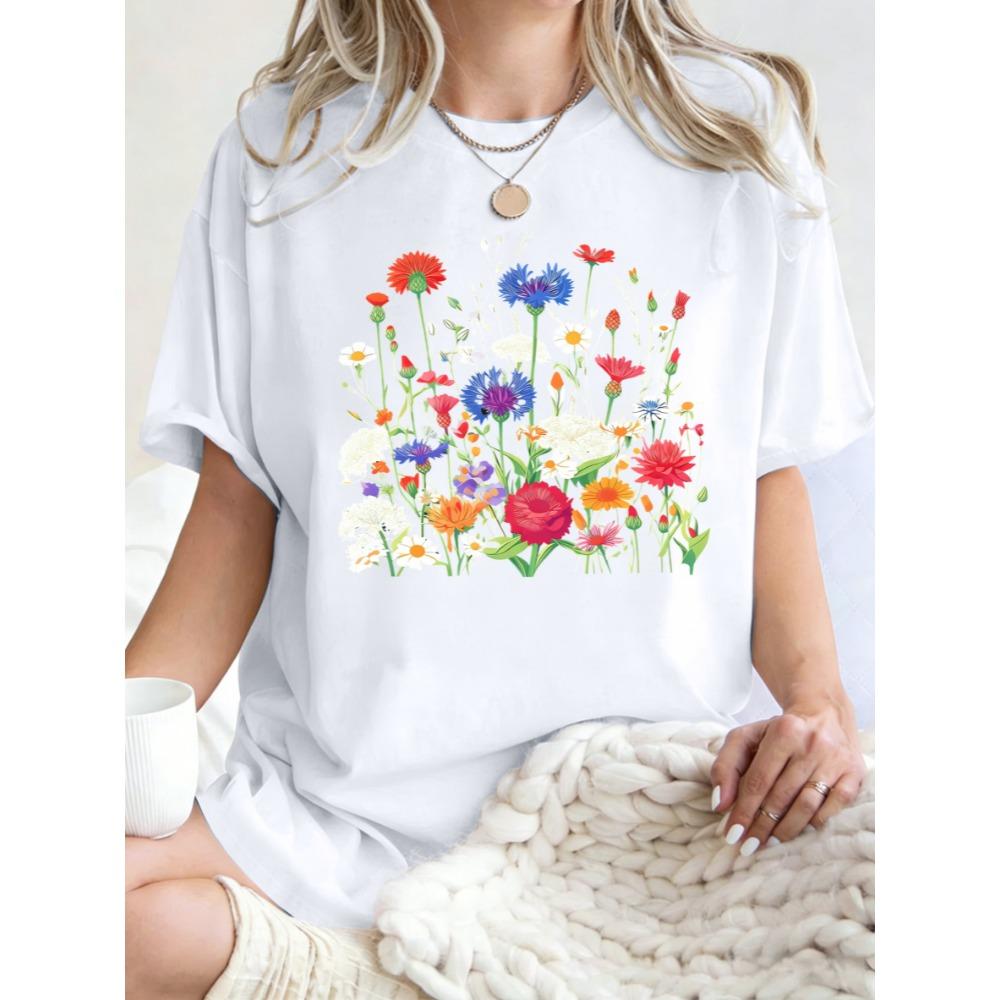 Flowers That Absorb Sunlight Printed T Shirt Women Summer Casual Short Sleeve O-Neck Loose T-Shirt Cotton Sportswear