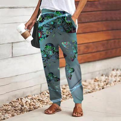 Calças Femininas com Estampa de Borboletas, Cadarço, Cintura Elástica, Calças Soltas, Calças Casuais Longas, Calças com Bolsos
