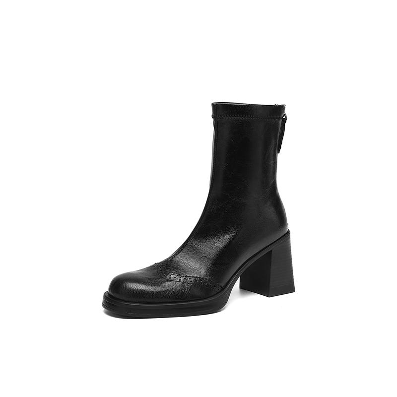 Fashion 2025 New Autumn Women Boots Sheepskin Leather Women Shoes Round Toe Chunky Heel Modern Short Boots Stretch Platform High Heels