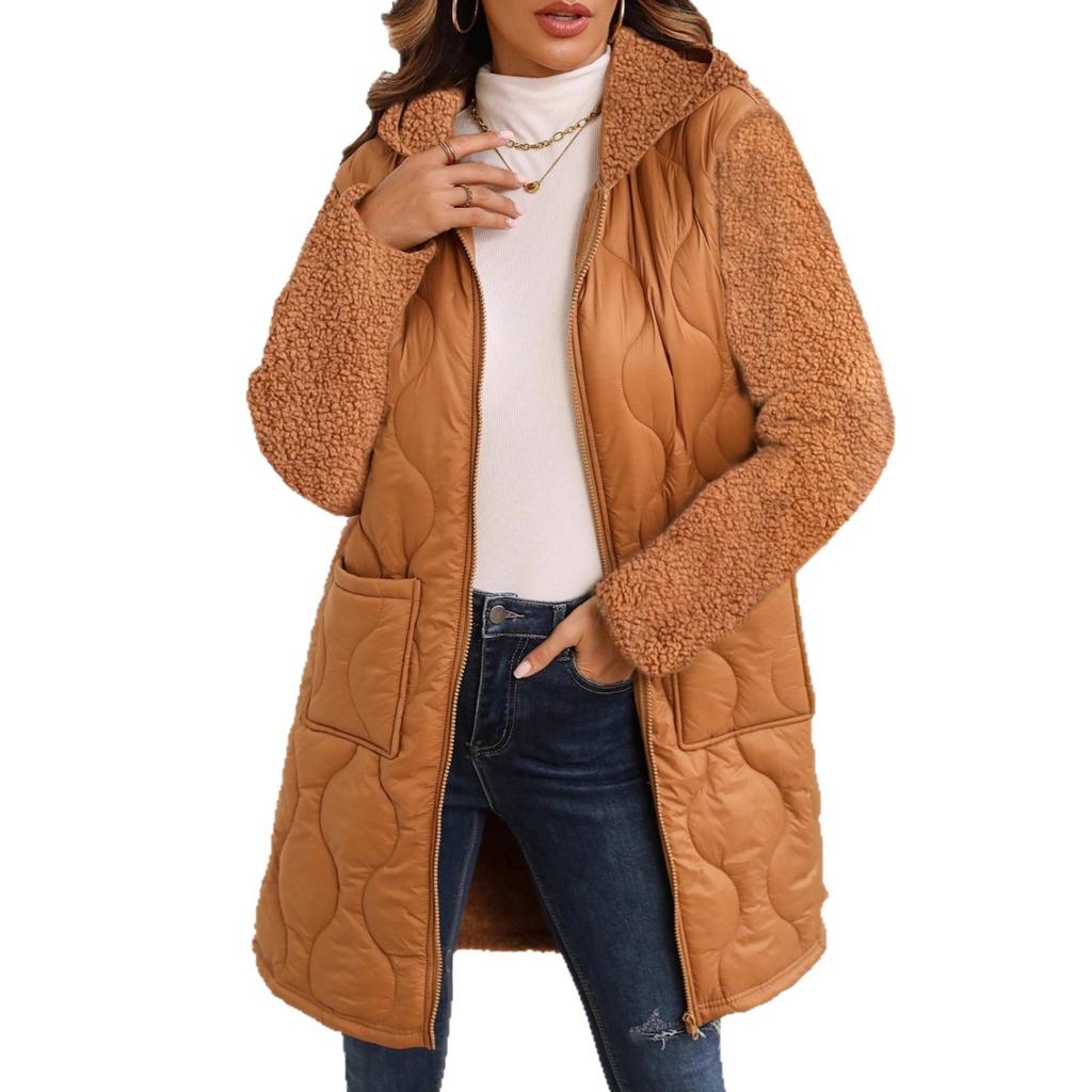 Fall Winter New Shiny Fleece Women's Long Hooded Zip Up Spliced Plush Coat Jacket Loose Fit European American Style Crossborder Outerwear