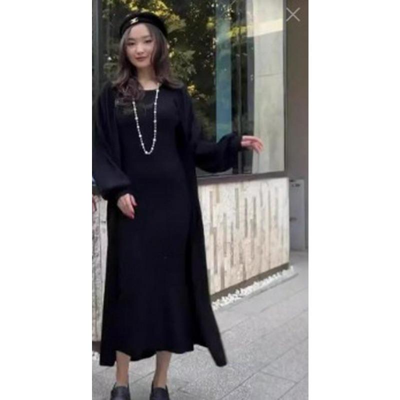 2026 Autumn European & American Solid Color Slim Knit Sweater Over-the-Knee Long Dress Set for Women