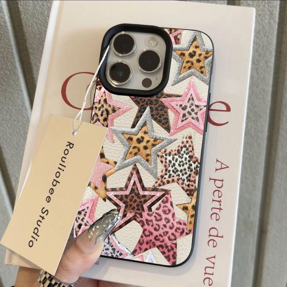 HOT Luxury Ins Colored Star Leopard Lichee Leather Phone Case For iPhone 17 16 15 14 13 12 11 Air Pro Max Plus X XR XSMax