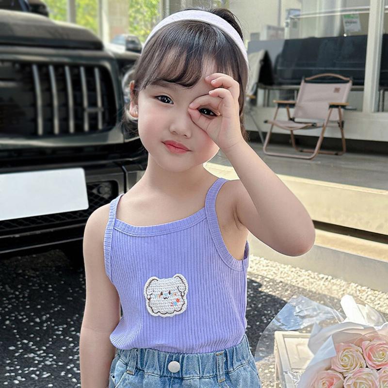 Dziewczęca koszulka z nadrukiem w postaci haftowanej kreskówki, elastyczna kamizelka, letnie dziecięce bluzki typu sling