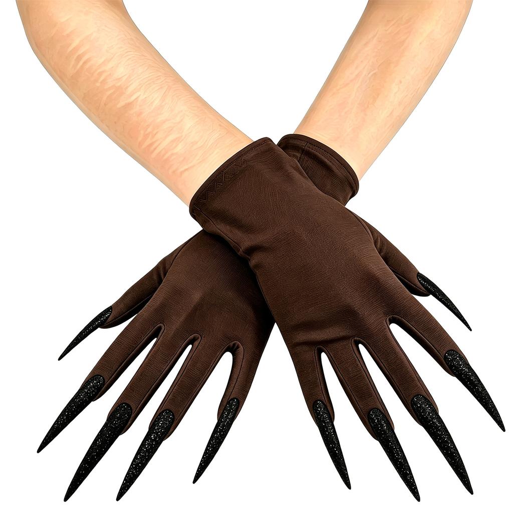 Dark Gloves with Long Nails for Halloween Witch Party, Short Stretch Fit