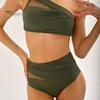 2Pcs/Set Sexy Women Bikini Set One-Shoulder Mesh Patchwork Bra High Cut Pleated Briefs Set Quick Drying Stretchy Push Up Swimsuit