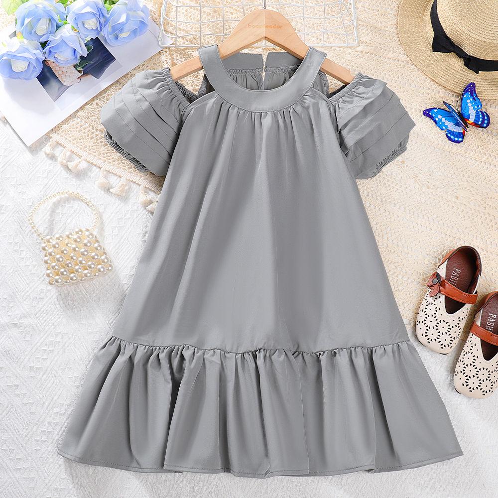 Summer Girls' Korean Dress Solid Color Round Neck Off Shoulder Princess Dress Girls' Stylish Children's Summer Outfit