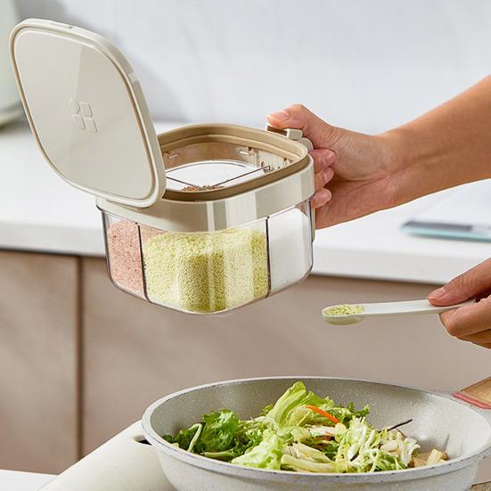 Multi-Compartment Spice Organizer with Spoon Clear Lid Stackable Seasoning Container for Salt Sugar Pepper BPA-Free Space-Saving Kitchen Storage for