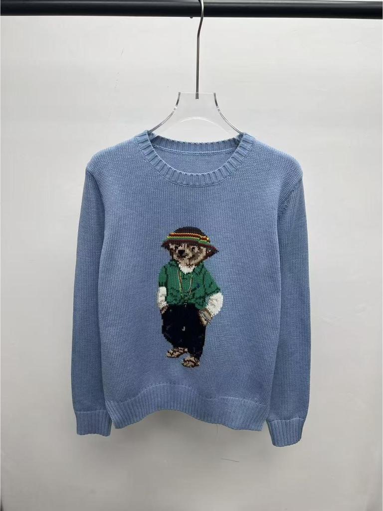 2025 R.L Wool Blend Cartoon Bear Round Neck Sweater - Women's Autumn/Winter Versatile Embroidered Style