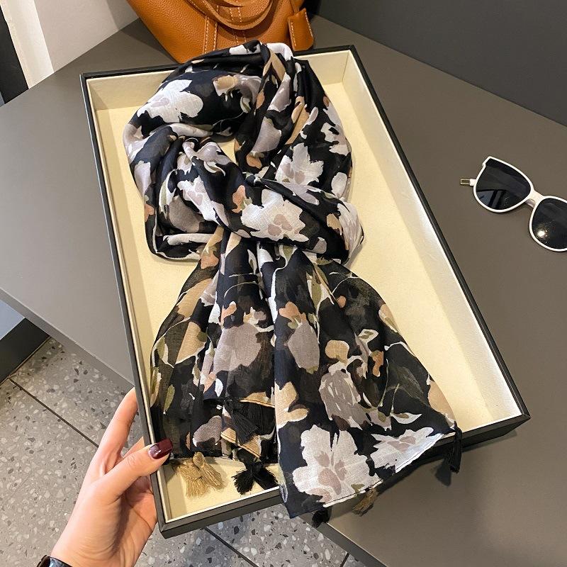Spain Luxury Fashion Floral Dot Tassel Viscose Shawl Scarf High Quality Wrap Thin Pashmina Stole Bufandas Muslim Hijab 180*90Cm