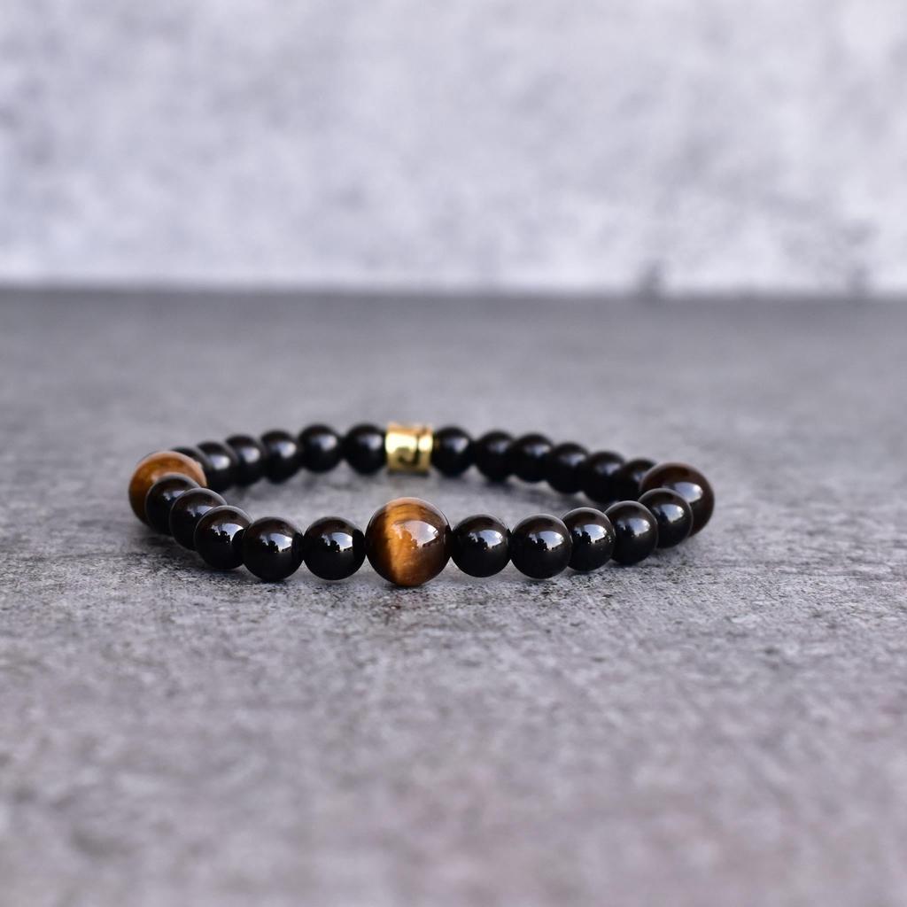 Natural Black onyx and tiger eye bead bracelet Black crystal beaded jewelry for man Stretchable handmade bracelets for boys Gift for him