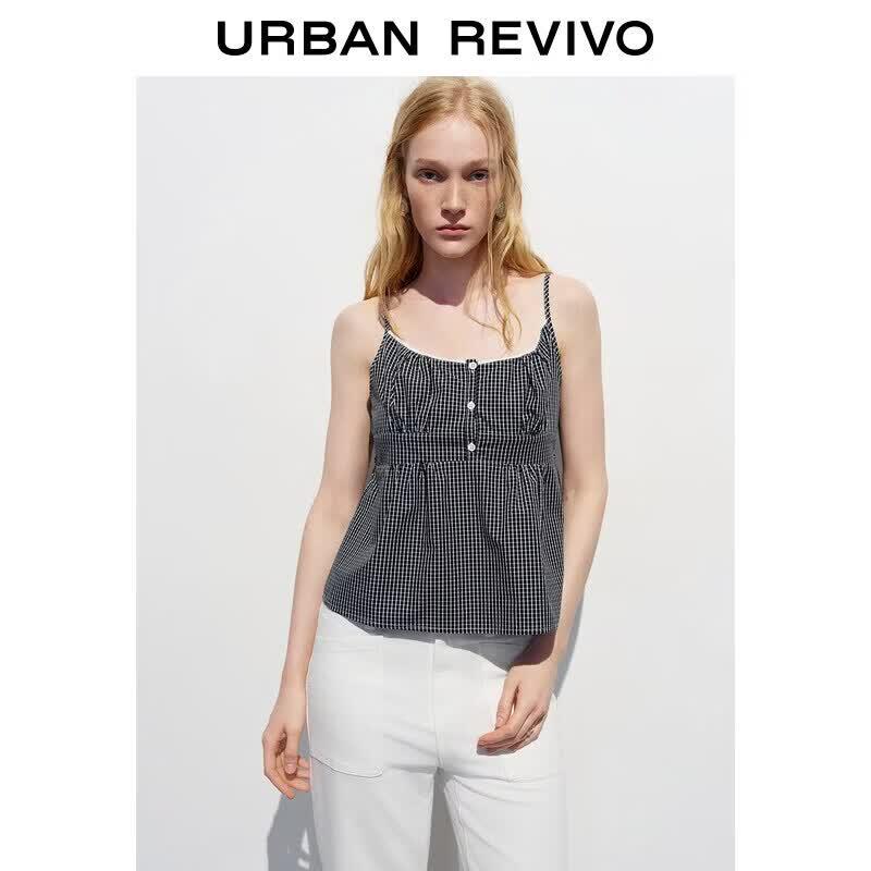 UR2026 Women s Casual Cotton Gingham Tie-Strap Camisole L