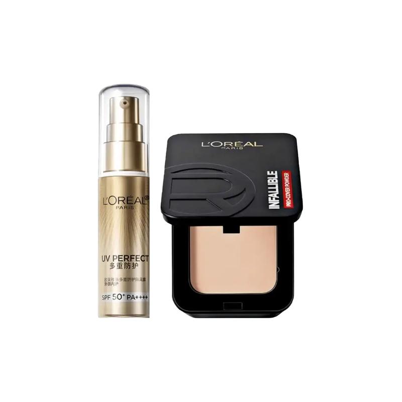 Loreal Paris Small gold tube sunscreen long-lasting powder makeup set - two-piece set B Hengfang Yicai flawless long-lasting makeup powder 320 9g mul