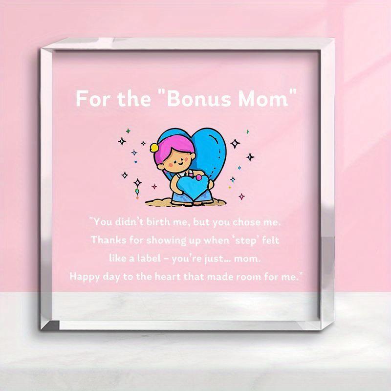 1pc Acrylic Desktop Decor - Bonus Mom Theme with Heartfelt Message, Pink & Blue Sparkle Design, Contemporary Home Office Bedroom Decoration 10*10cm