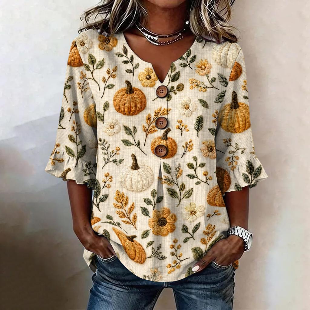 Women's Casual Halloween Print V-Neck Ruffle Sleeve Loose Fit Top