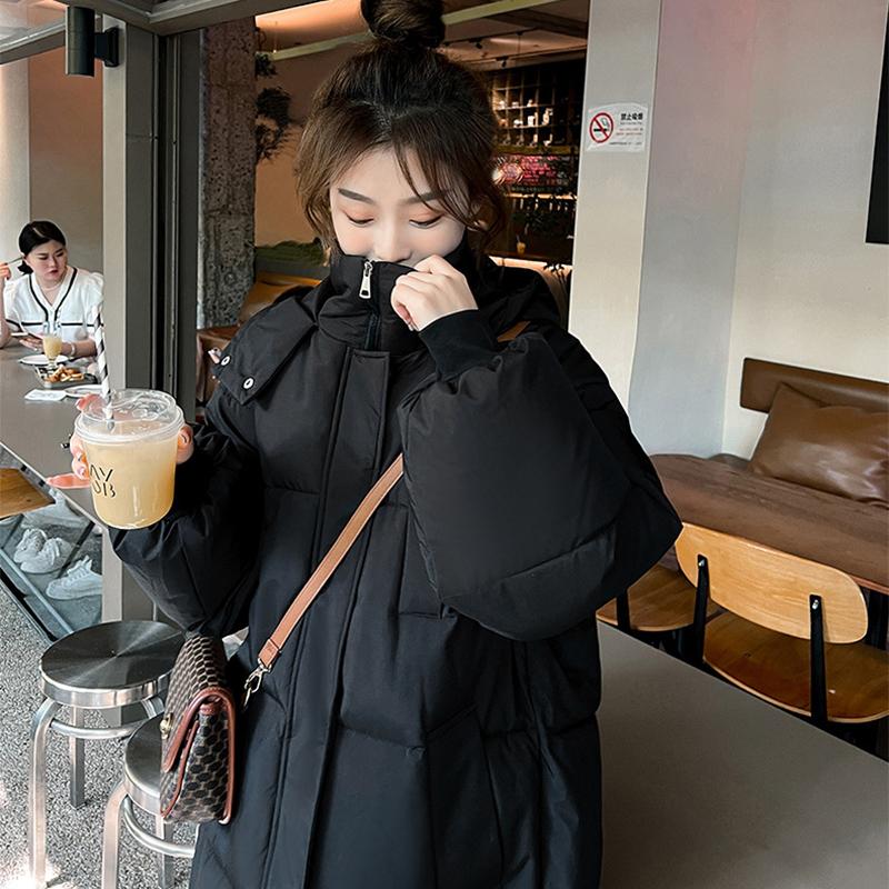 Warme Baumwolljacke für Herbst und Winter, Mittellange Überknie Daunen-Baumwolljacke, Koreanische Version Lockere und Dicke Kapuzen-Baumwolljacke, Lässige Baumwolljacke
