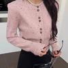 Autumn and winter Korean version new round neck slim fit top mixed color single breasted sweater for women's fashion trend