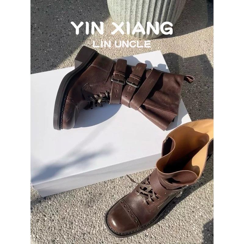 Cowhide Thick-soled Thick-heeled Retro Leather Martin Boots Women's 2025 New Medium Tube Thin Boots Belt Buckle Locomotive Boots